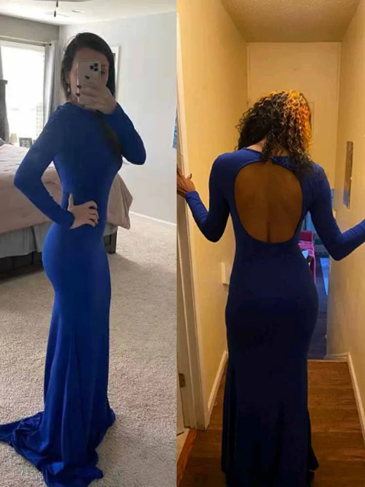 Backless Long Sleeved Floor Length Evening Party Dress O Neck Stretch Solid Mermaid Cocktail Prom Long Gown Blue Red Black 2024