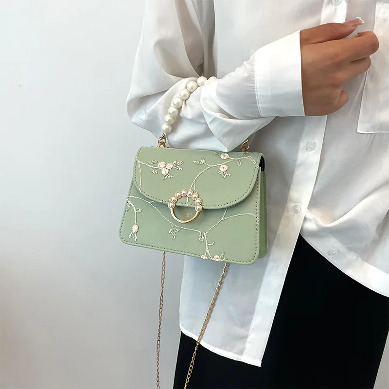 Women PU Net Yarn Flower Embroidery Shoulder Bags Messenger Bags Vintage Pearl Chain Handbags Female Fashion Flap Crossbody Bags