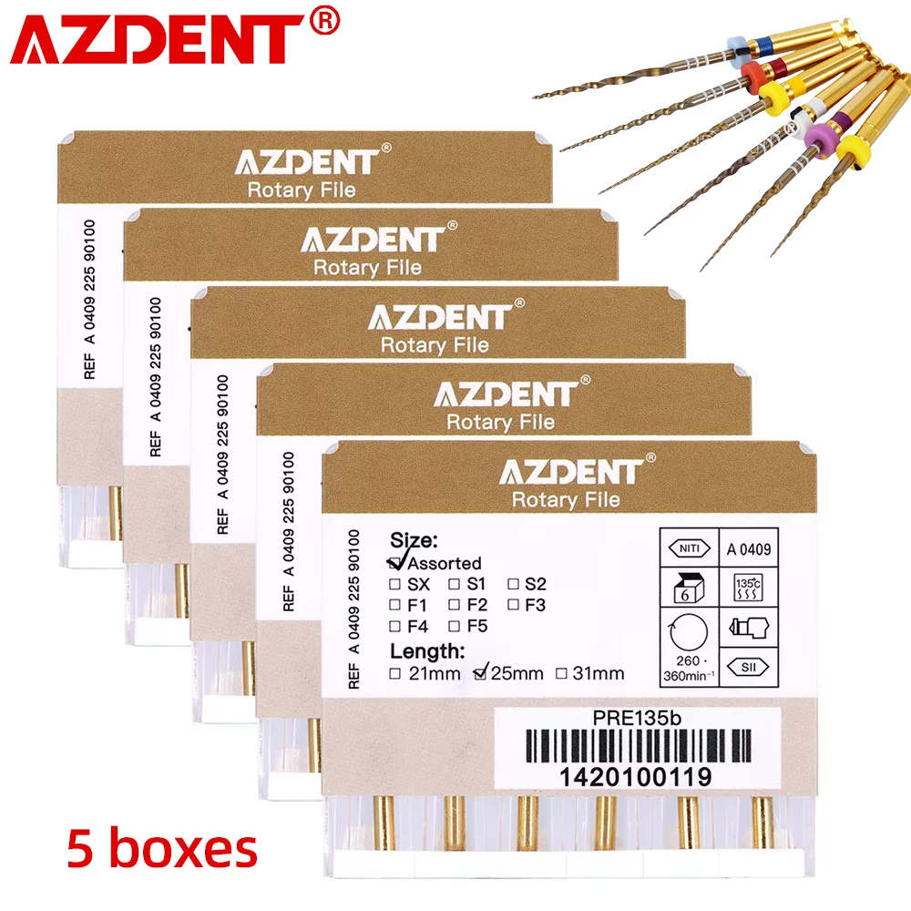 AZDENT 5 Packs Dental Endodontic File Large Taper Files Gold Taper NITI Rotary Files Engine Use SX-F3 25mm