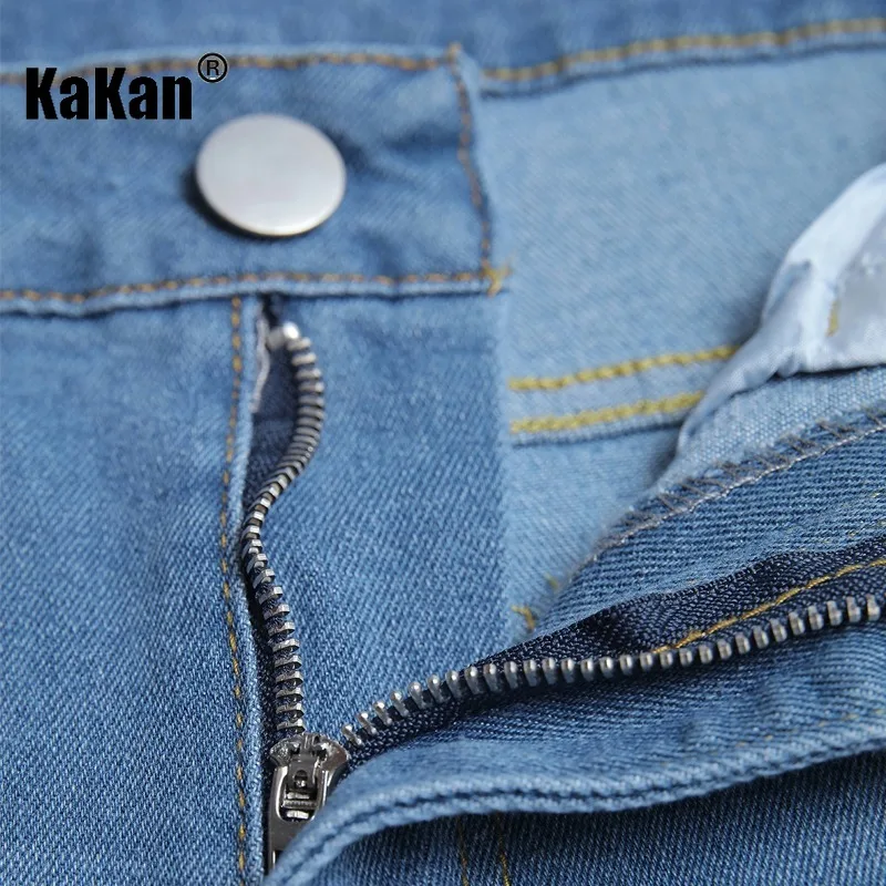 Kakan - New Men's Perforated Small Leg Jeans, Y2k Clothing Tight Fitting Trendy Blue Long Jeans Summer Denim Pants