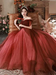 Burgundy Tulle Bow Party Dress for Women Shiny Beading Off Shoulder Engagement Evening Dresses Formal Gown Wedding Toast Dress