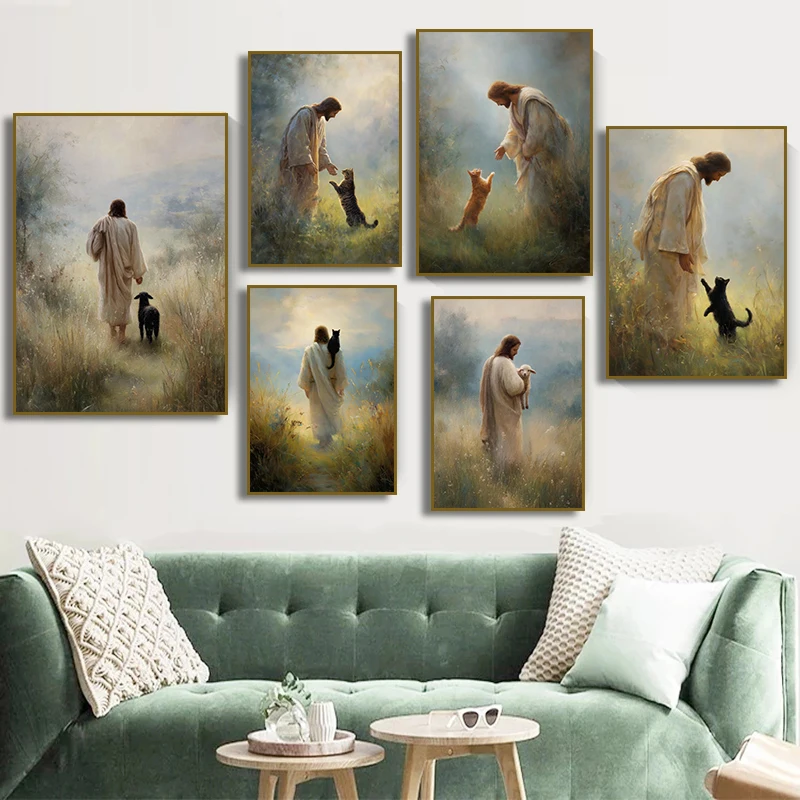 Jesus und Schwarze Katze Lamm verlassen 99 Art Poster Leinwanddruck Wohnzimmer Guter Hirte Christlicher Cottagecore Heimdekor