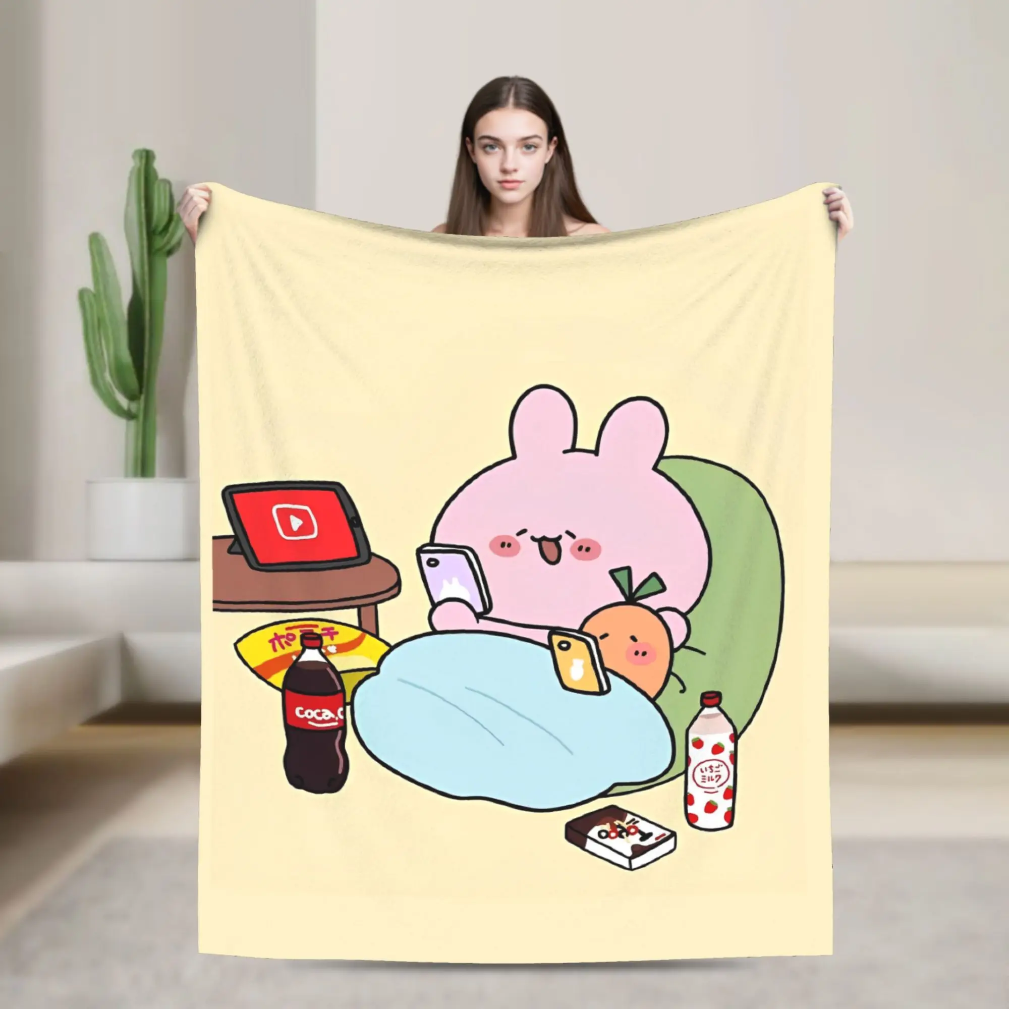 Asamimichaans Asleep Cartoon Flannel Blankets Cute Asamimi Vintage Throw Blanket for Home Hotel Sofa  125*100cm Bedspreads,