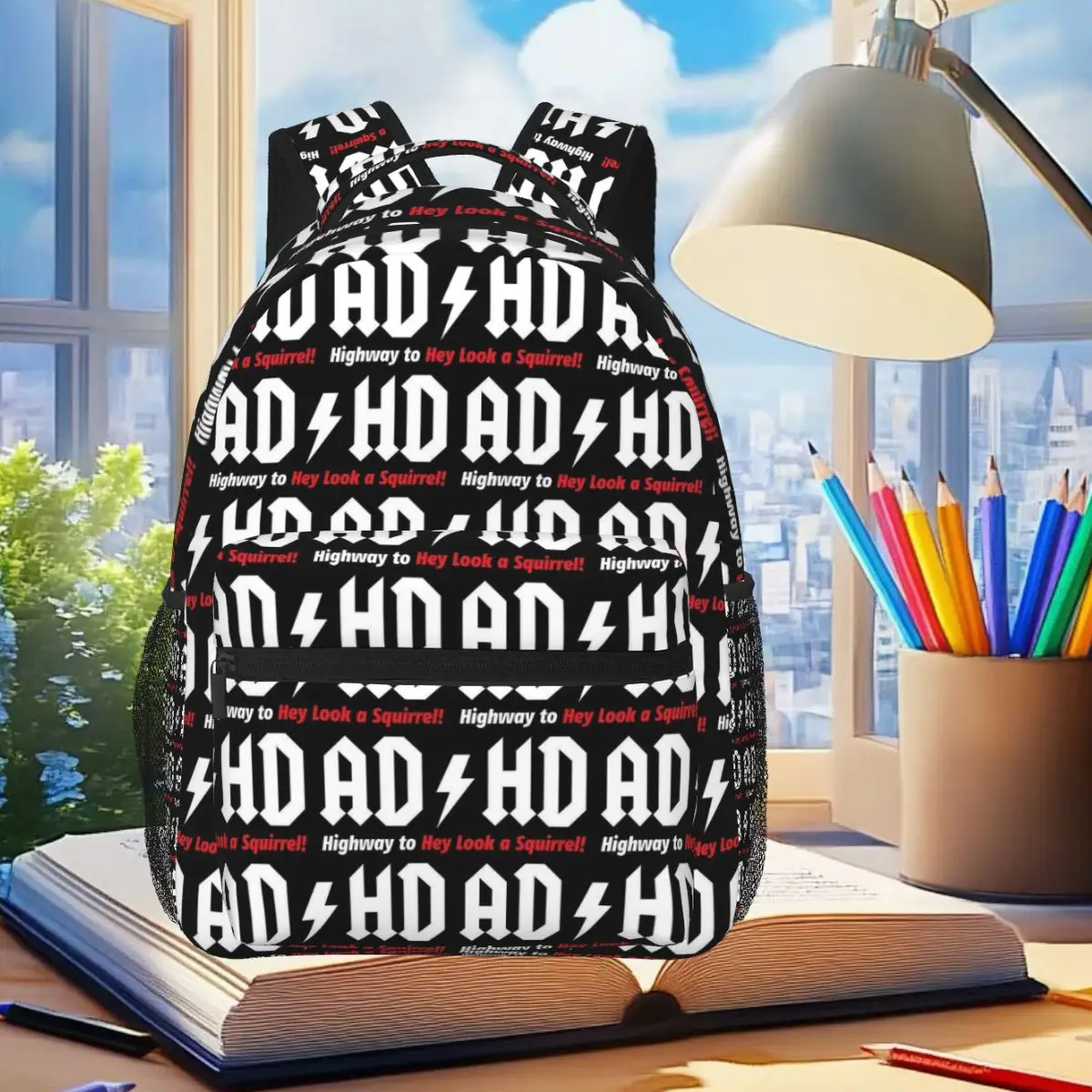 ADHD Highway Hey Look Squirrel Rocker Rock And Roll Backpack Student Boys Girls BookBag School Bag Shoulder Bags for Men Women