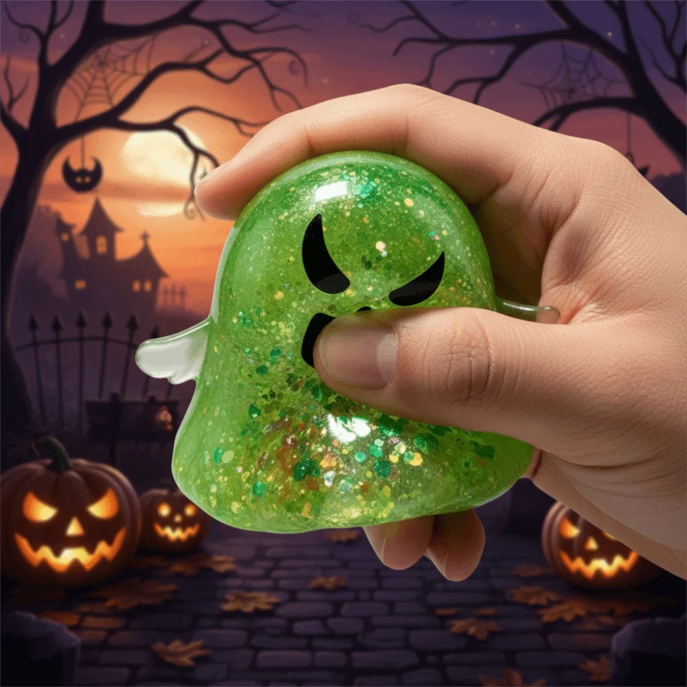 Cute Slow Rebound Halloween Ghost Squishy Squeeze with Sequins Glitter Ghost Sensory Soft Anti Anxiety Fidget Squishy Student
