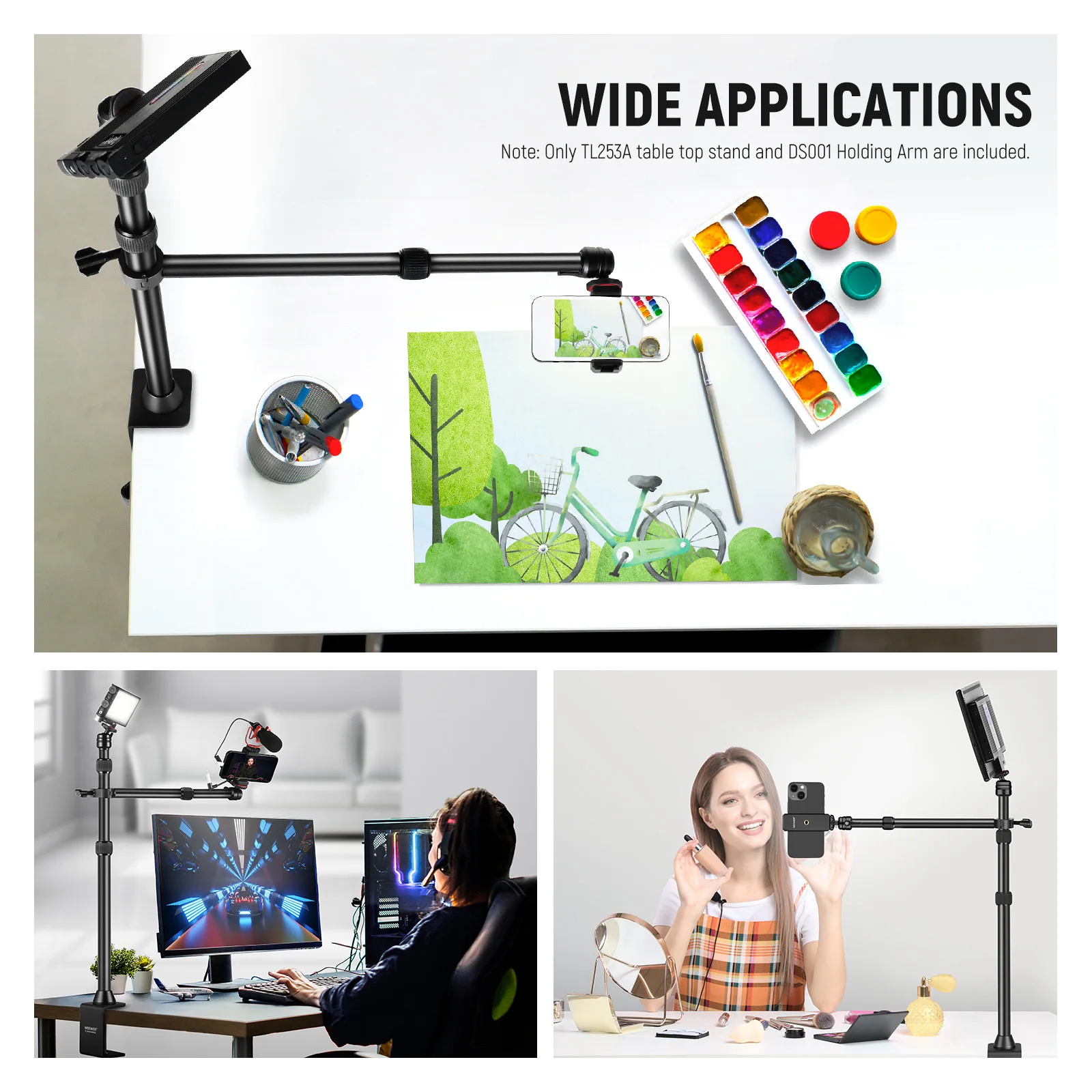 NEEWER Tabletop Overhead Camera Mount Stand with 2 Section Telescopic Extension Arm, Phone Holder, Ball Heads, Screw Adapters,