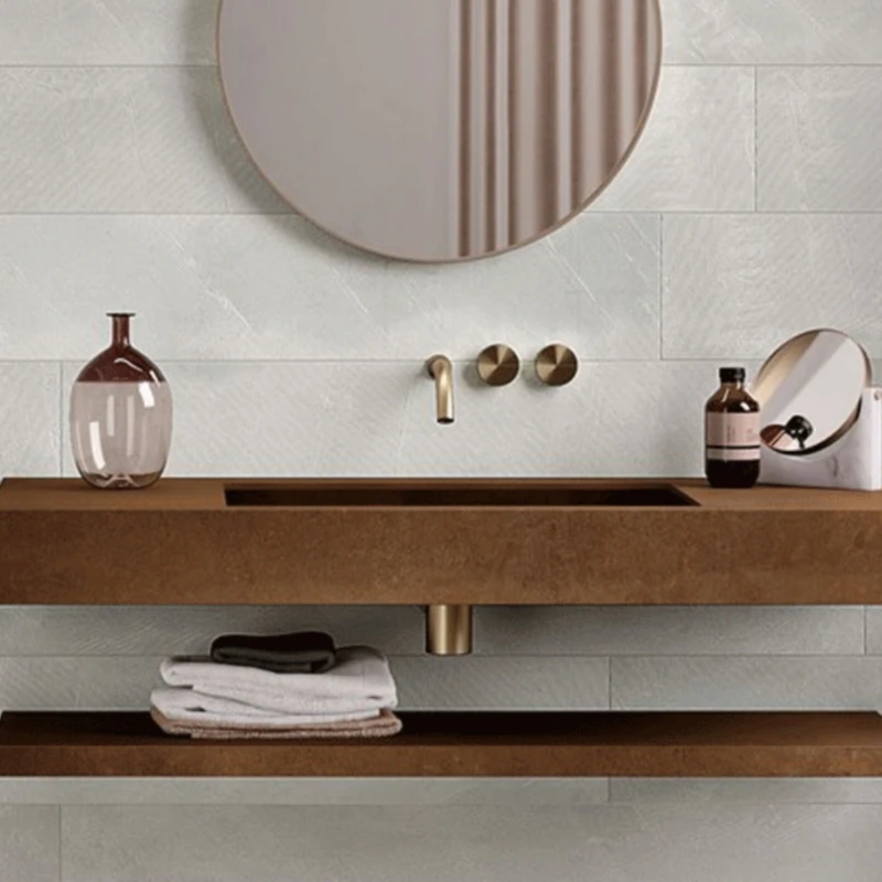 Lavabo integrado de pizarra, mueble de roble, espejo de baño, lavabo