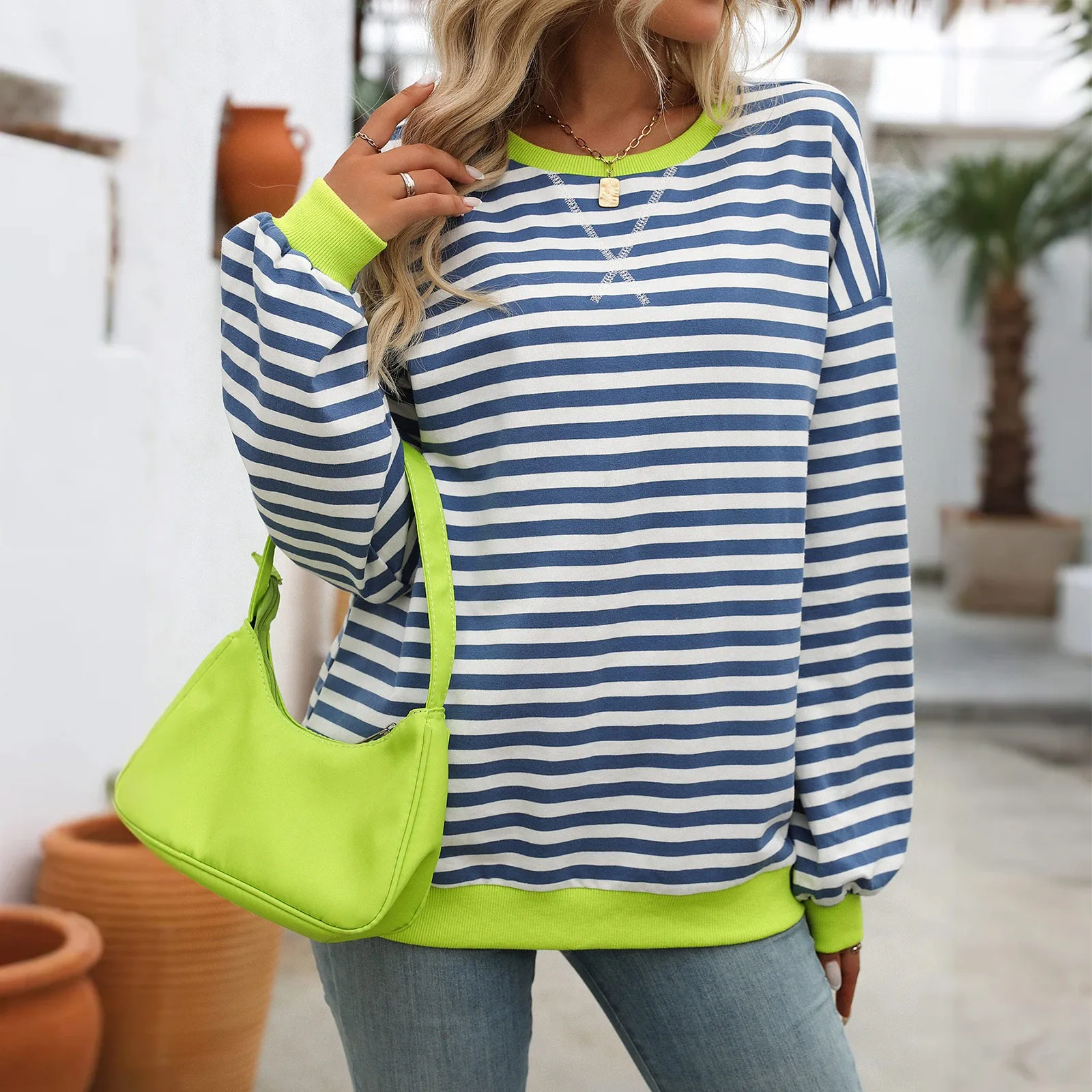 

Autumn Winter Classic Striped Pullover Women's Colorful Striped Round Neck Long Sleeved Loose Sweatshirt Women's Streetwear