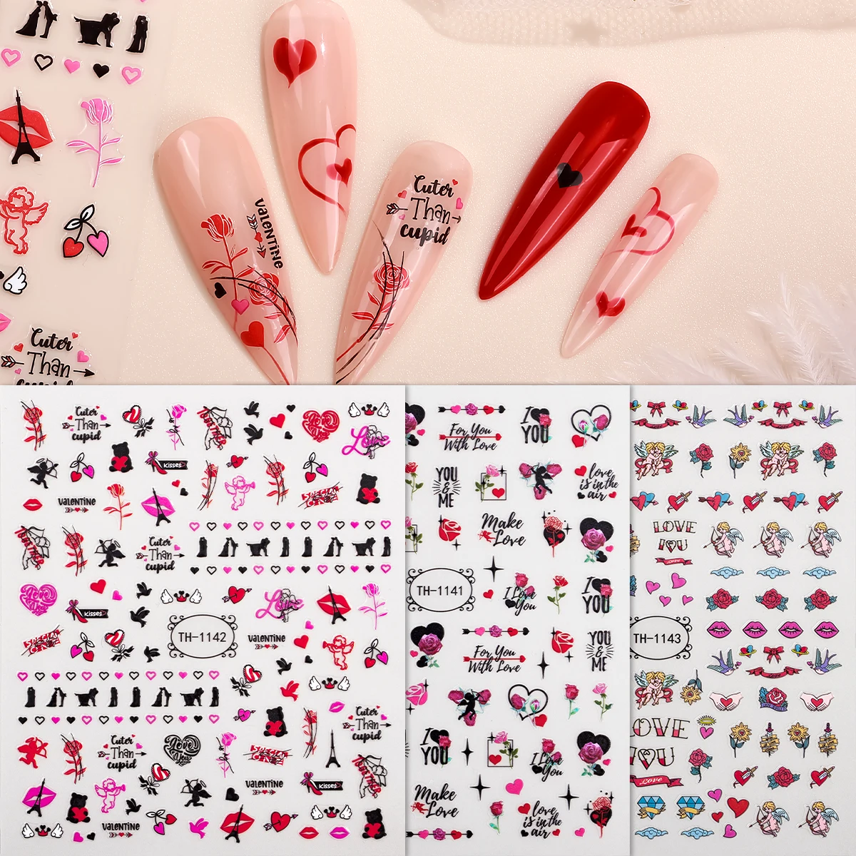 3pcs Valentine Heart Nail Art Sticker Love Letter Flower Cupid Nail Decals for Women DIY Manicure Decoration Accessories