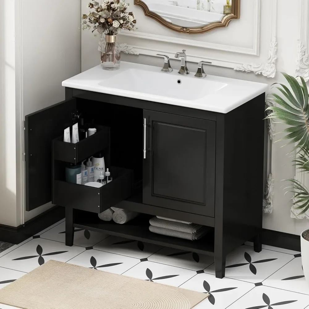 36 Inch Bathroom Vanities with Undermount Ceramic Sink Two Pull in/Out Drawers,  Solid Wood Frame & MDF Board, Black