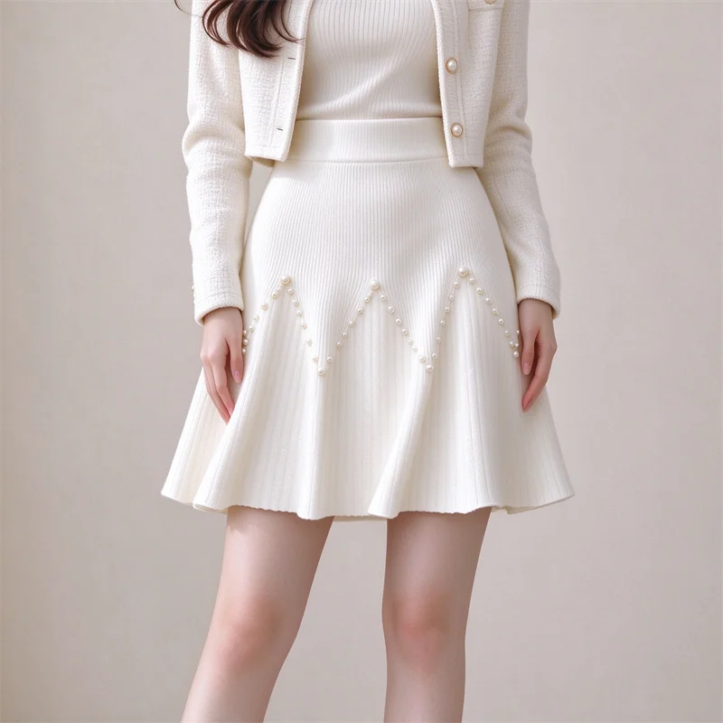 KarofWomen High Waist Ribbed Knit Mini Skirt Pearl Beaded Flared A-line Skirt Korean Sweet Autumn Winter Short Skater Skirt  683