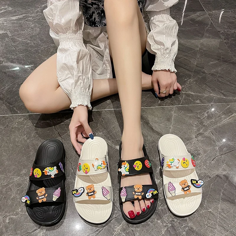 Women Summer Casual Slides Comfortable Flax Slippers Striped Cartoon Flip Flops Platform Sandals Ladies Outdoor Shoes