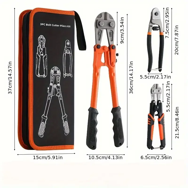 

Набор из 3-х усиленных кусачек для болтов и кабеля, 14 и 8 дюймов, с высоким усилием, стальные, с портативным кейсом