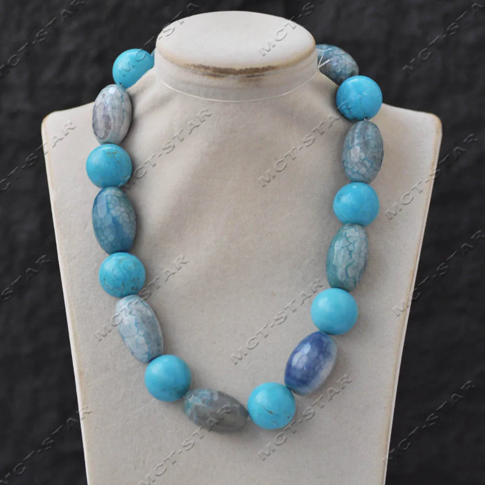 

Z14188 18" 30mm Blue & Green Round Turquoise Drum Faceted Fire Agate Necklace