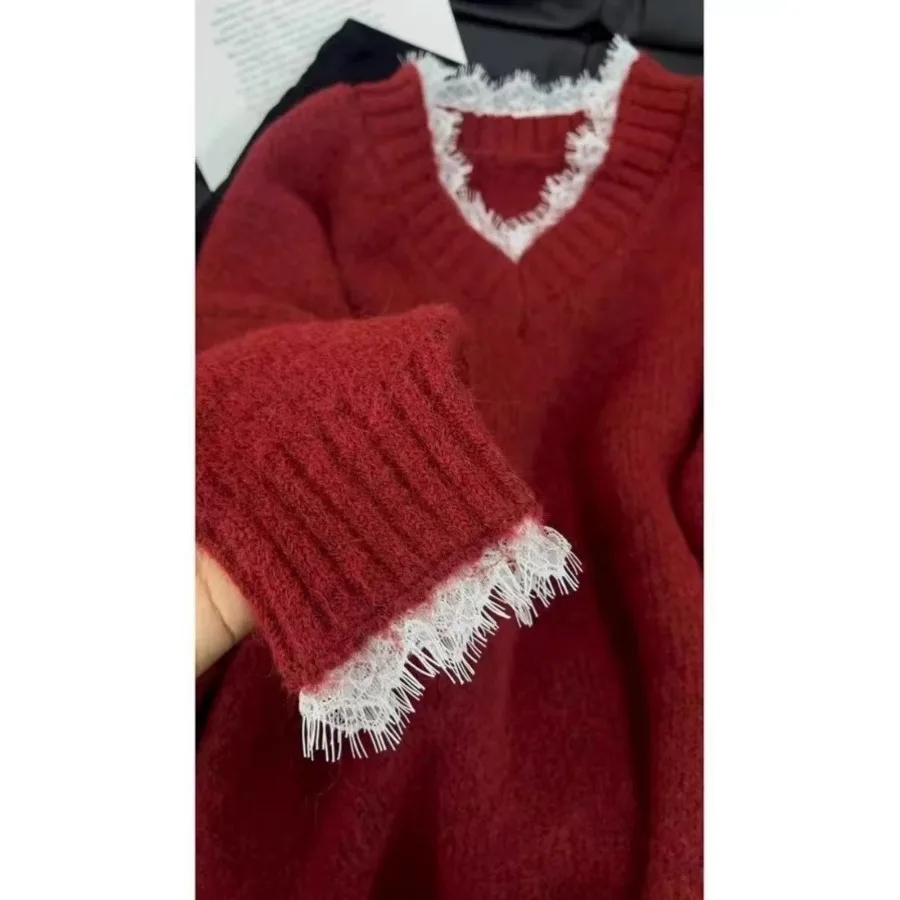 Ele V-Ne ニットセーター レディース 秋冬 レーストリム フェイクツーピース ルーズフィット 快適なロングスベトップ