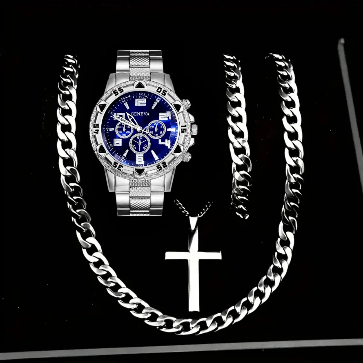 

Набор из 4 предметов: роскошные мужские деловые часы, браслет, ожерелье, модные мужские кварцевые наручные часы с арабским циферблатом (без коробки)