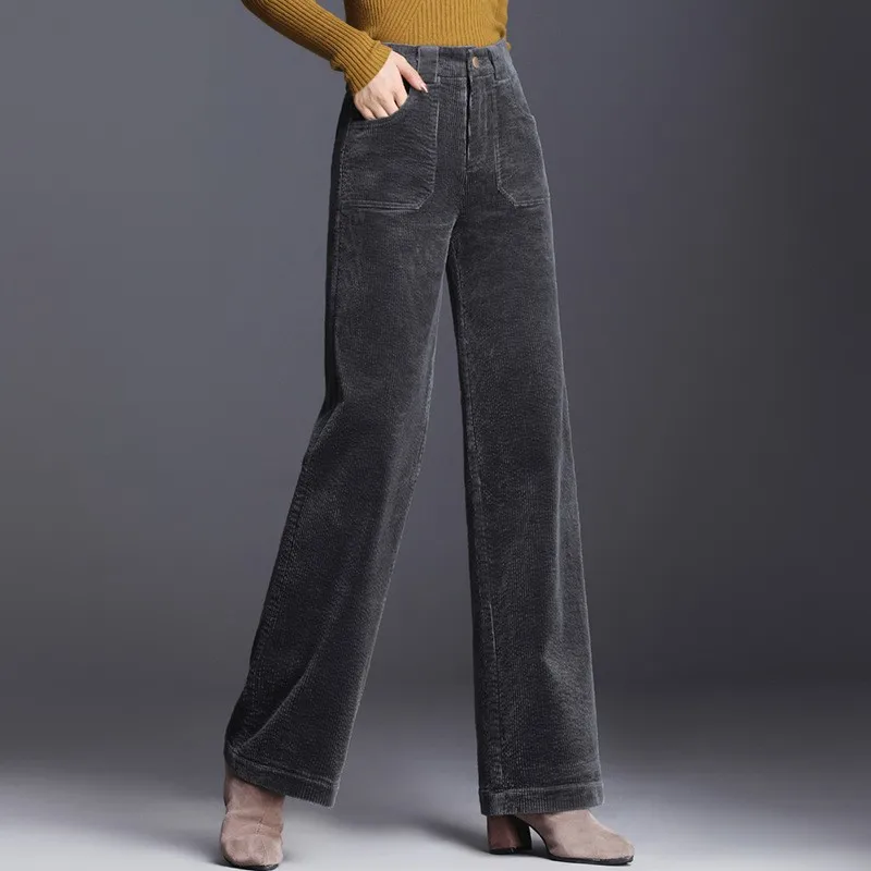 Autumn and Winter New Large Size Corduroy Wide Leg Pants Women Trousers Straight Brown Pants Woman Lady High Waist Purple