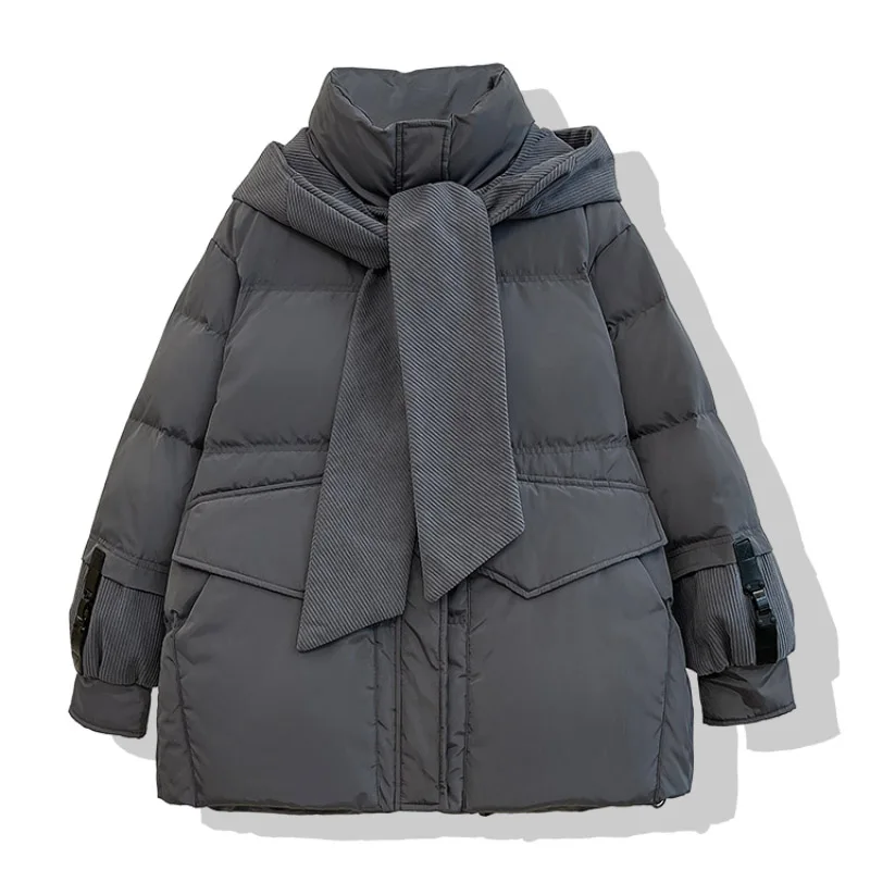 

Women's Winter Thick Jackets Korean Style Simple Solid Color Scarf Hooded Fake Two Pieces Windproof Down Filling Outerwear