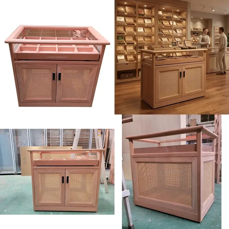 Electric LED light with lamp fir cigar counter, with bamboo decoration, tobacco leaf cigar display cabinet rack, suitable