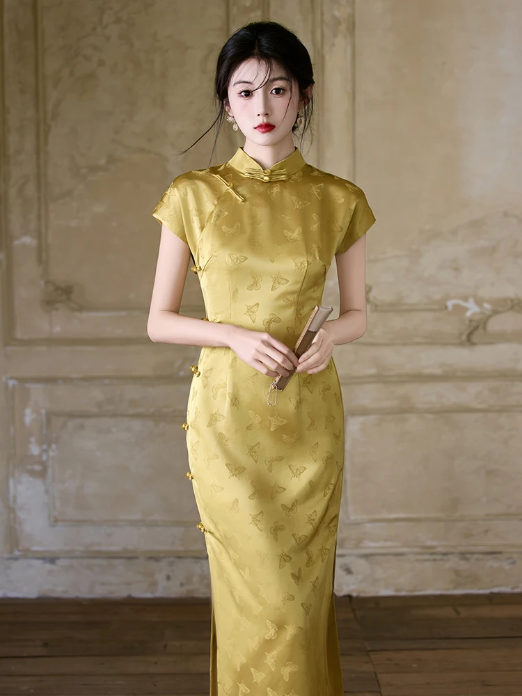 

Traditional Full-Length Open-front Thin New Chinese Sle Improved ort Sve Long Dr High Slit Breathable