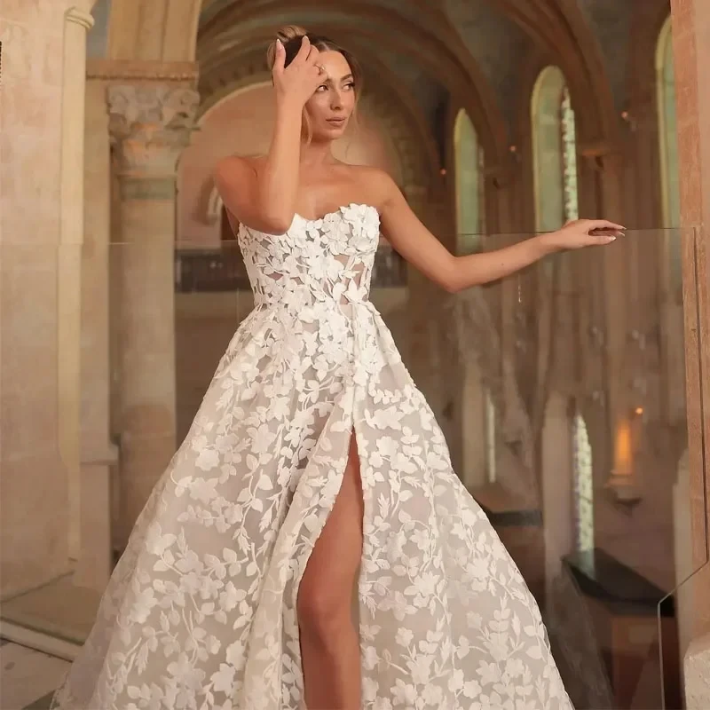 New A Line Wedding Dress Sweethart Full Lace Sleeveless Side Slit Bridal Dresses Boho Bride Gown vestidos de novia
