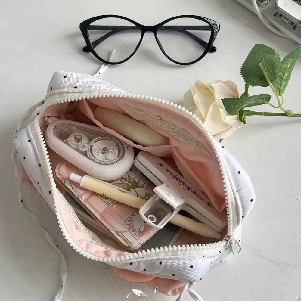 New Polka Dot Pattern Pen Bag Large Capacity Multifunctional Pencil Case Bowknot Deisgn Stationery Storing Bag Gift