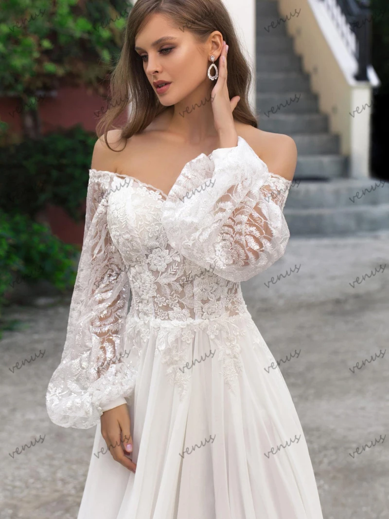 Glamorous Wedding Dresses Charming Bridal Gowns Lace Appliques Long Puff Sleeves Robes Luxury Vestidos De Novia Customized 2025