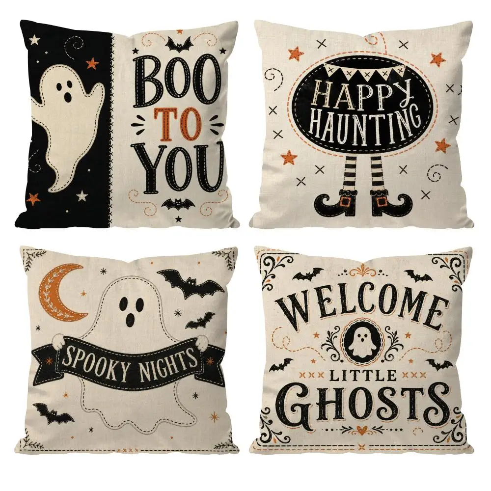Happy Haunting Cushion Cover Double-Sided Plush Sofa Cushion Covers Organic Breathable Invisible Zipper