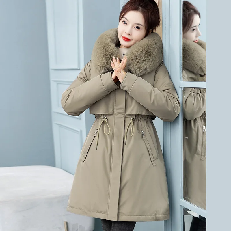 

Parkas Doublesidef Womens Fall Zippered Outdoor Long-Sleeved Warm-Keeping Elastic Non-Hooded Midi Cinched Cotton-Padded Lining