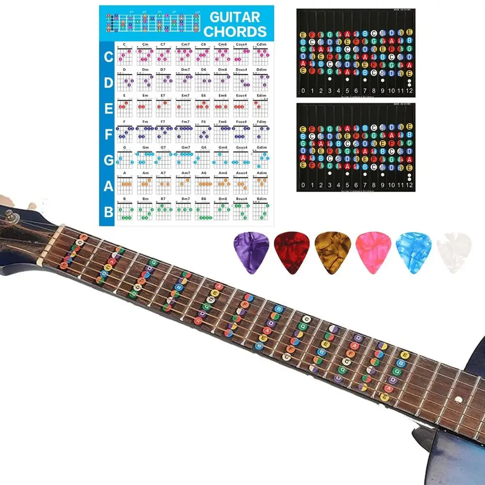 Color Coded Guitar Chord Poster Printed Vinyl Paper Non-Tearing Chord Fingering Diagram 6 Guitar Picks Coated Paper
