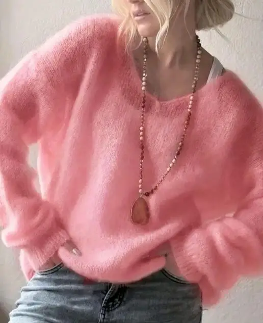 

Autumn and Winter Solid Color V-Neck Long Sleeved Knitted Sweater for Women's Casual, Simple and Loose Knitted Sweater