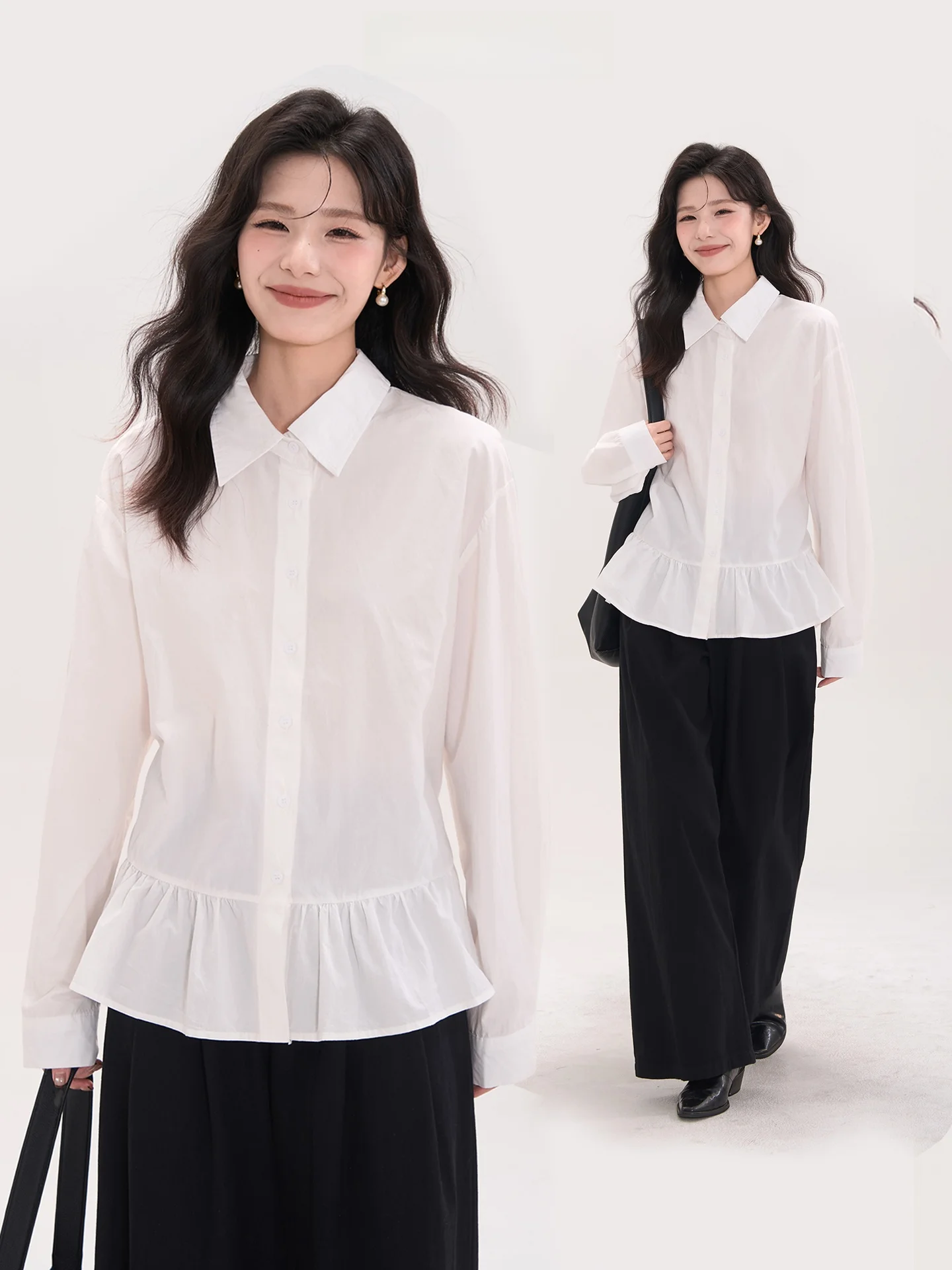 

White Cloud Print irt Women's Princ Sle Long Sve Cotton Blend Button Front Design Autumn Faion Fitted Top