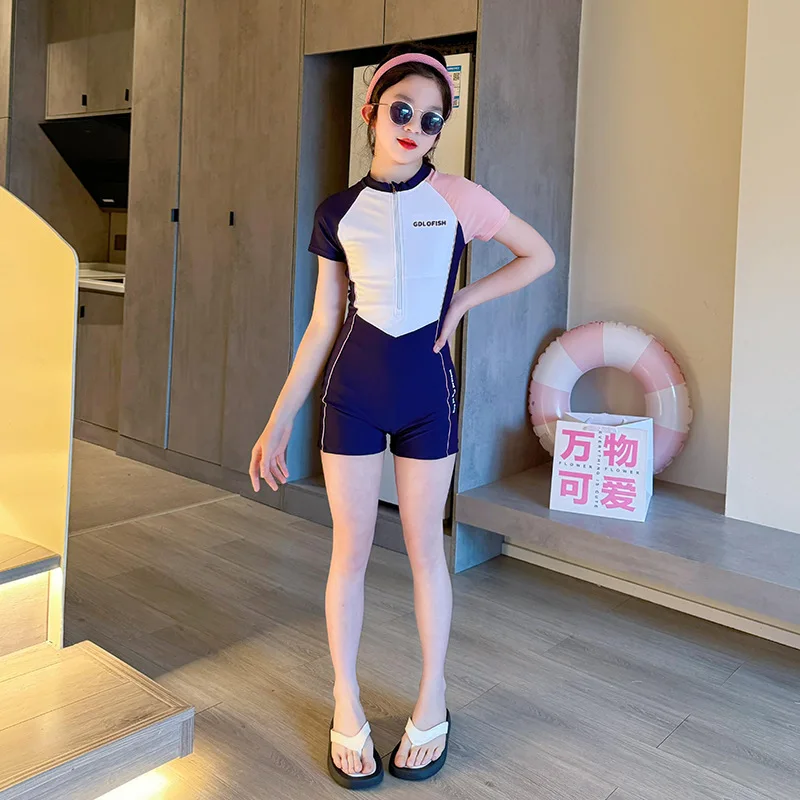 Children's and Girls' One-Piece Swimsuit Sunscreen Short Sleeved Half Zipper Quick Drying Summer Swimming Pool Sports Swimsuit