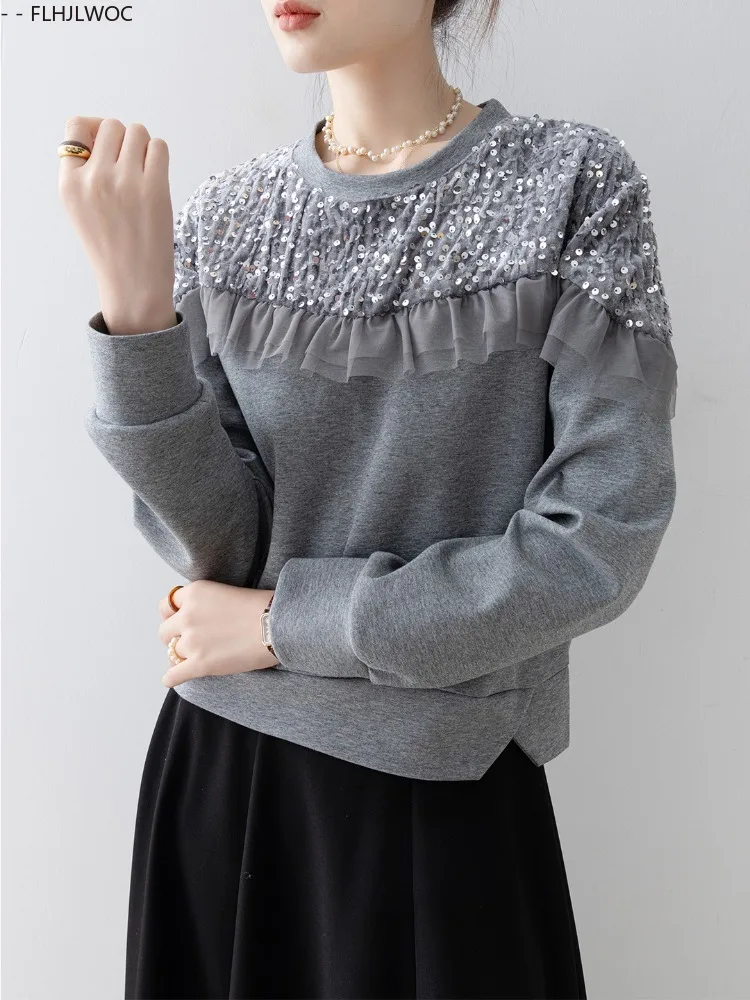 Casual Hoodies Pullovers New Year Fashion Woman Winter Spring Long Sleeve Ruffles Bling Sequins Top Short Hoodie Sweatshirts