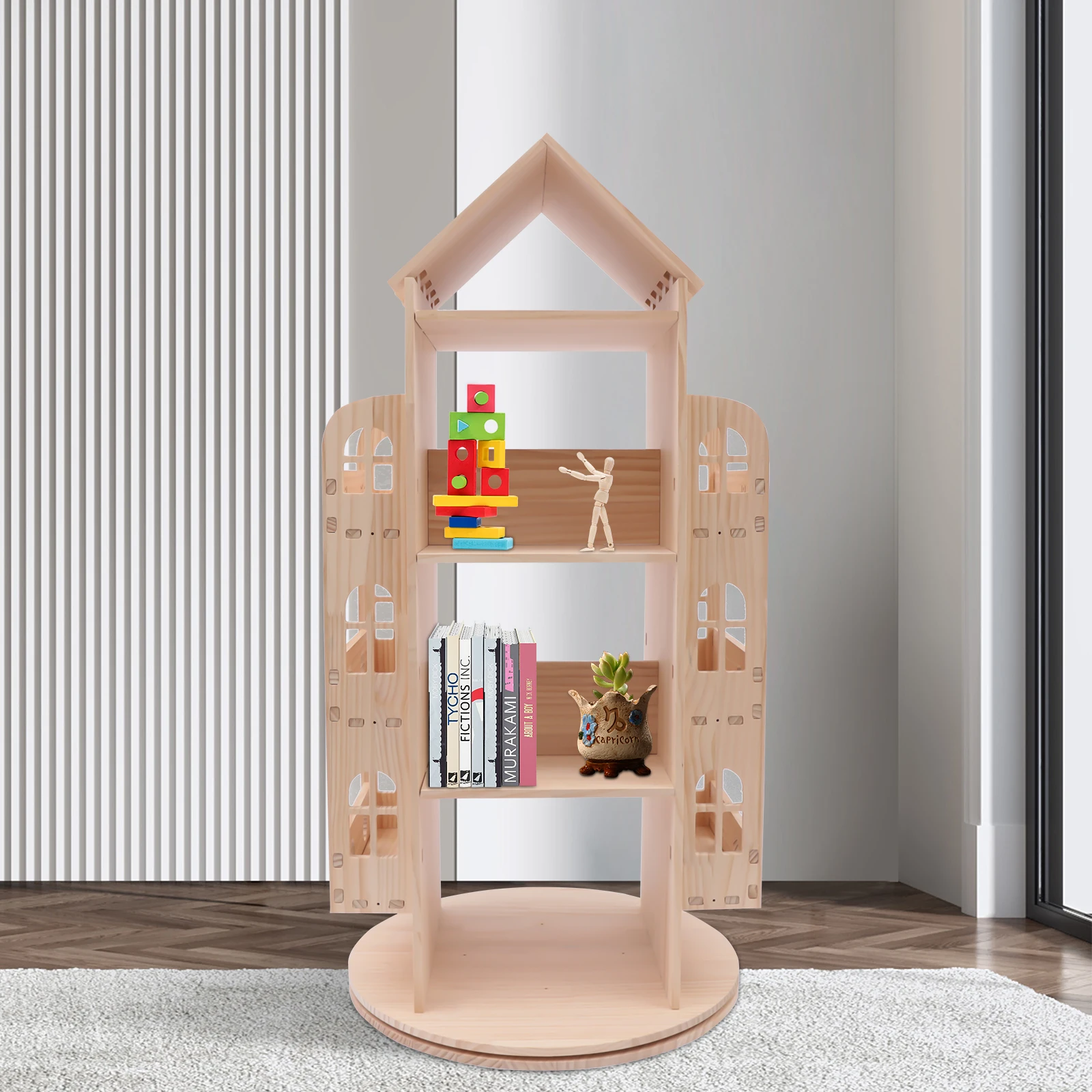 4-Tiers Rotating Bookshelf Bookcase Storage Rack Bookshelf Floor Standing, Wood Rotating Bookshelf 360 Display Floor Standing