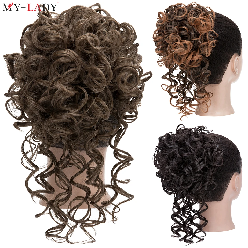 Meu-Senhora Bun encaracolado sintético do cabelo do Chignon, Hairpiece do ponytail do cordão, grampo Kinky em extensões do cabelo com barba longa, 8"