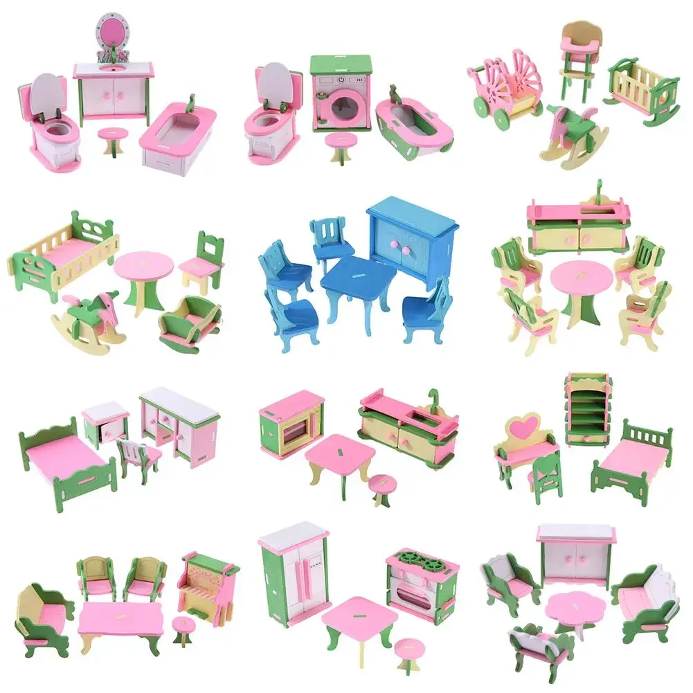 12 Sets Dollhouse Wooden Colorful Miniature Furniture Toys Kids Simulation Models Dolls House Decor Xmas Gift