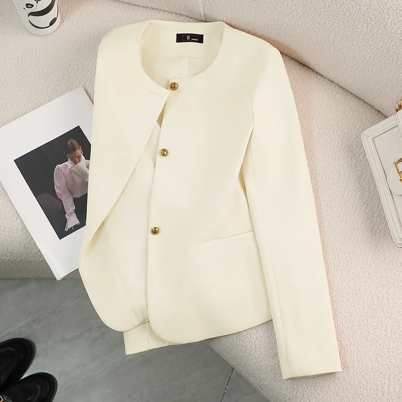 Round Neck Pink Blazer Women 2024 Fall Fashion OL Commuter Career Long-sleeved Elegant Black Suit Jacket Japanese Cropped Tops