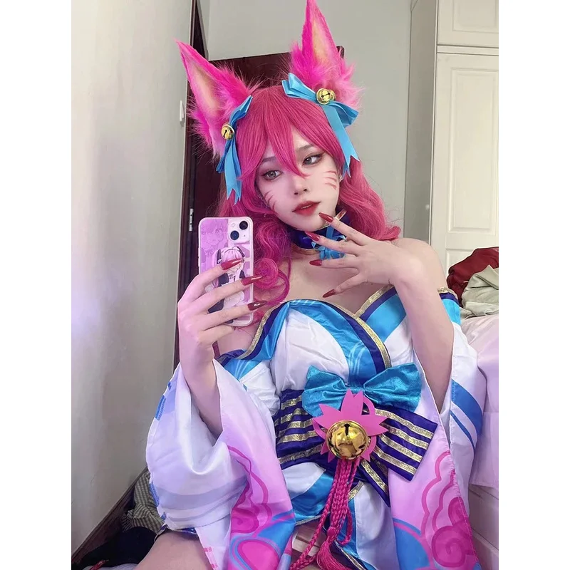 Ahri Cosplay disfraz Anime juego LOL Spirit Blossom vestido para mujer chica peluca fiesta de Halloween Sexy Kimono Suitv;6'h,8;r.