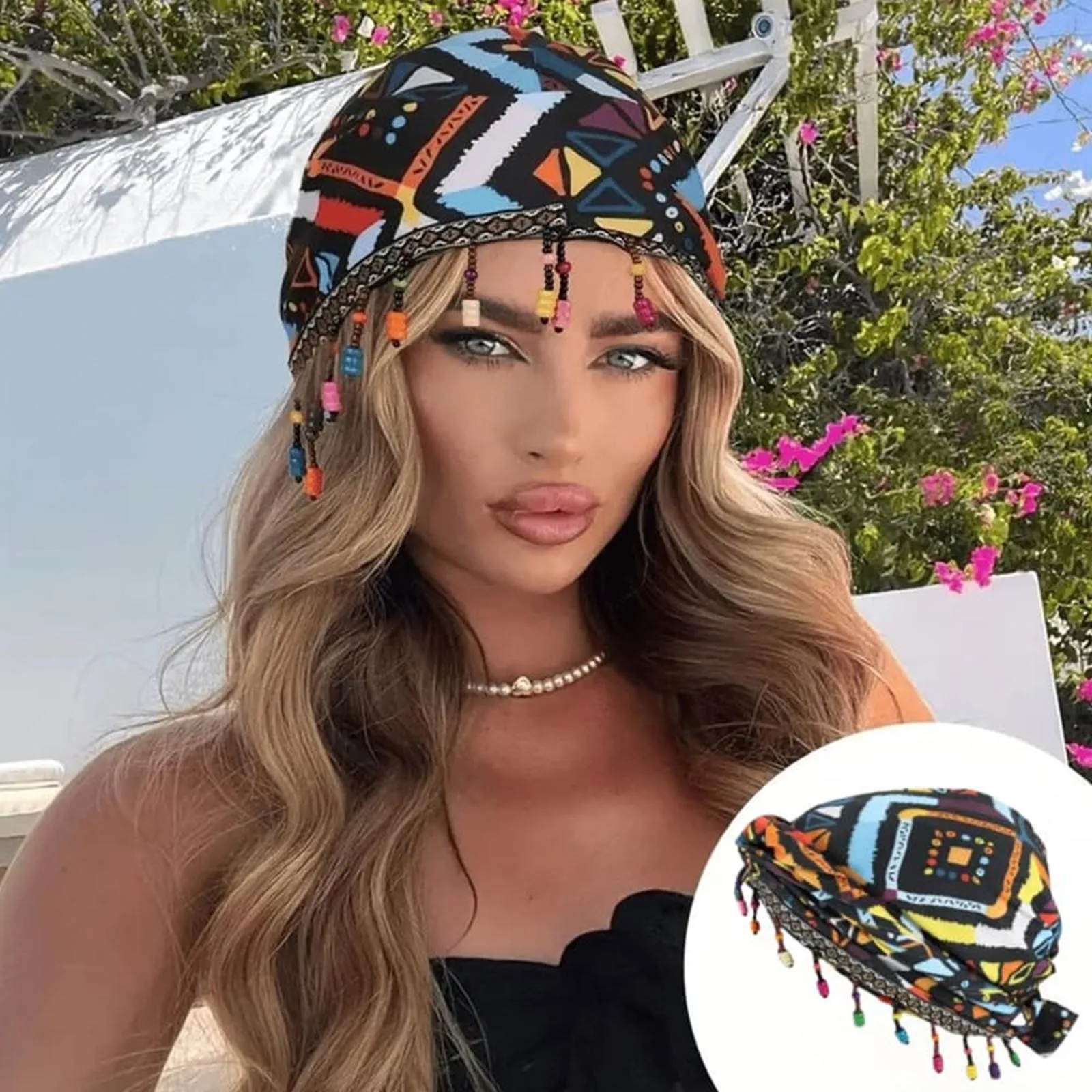 

Women Girls Beaded Turban Fashion Party Hijab Cap Printed Tail Cap Breathable Bonnet Hat Muslim Headscarf Hair Accessories