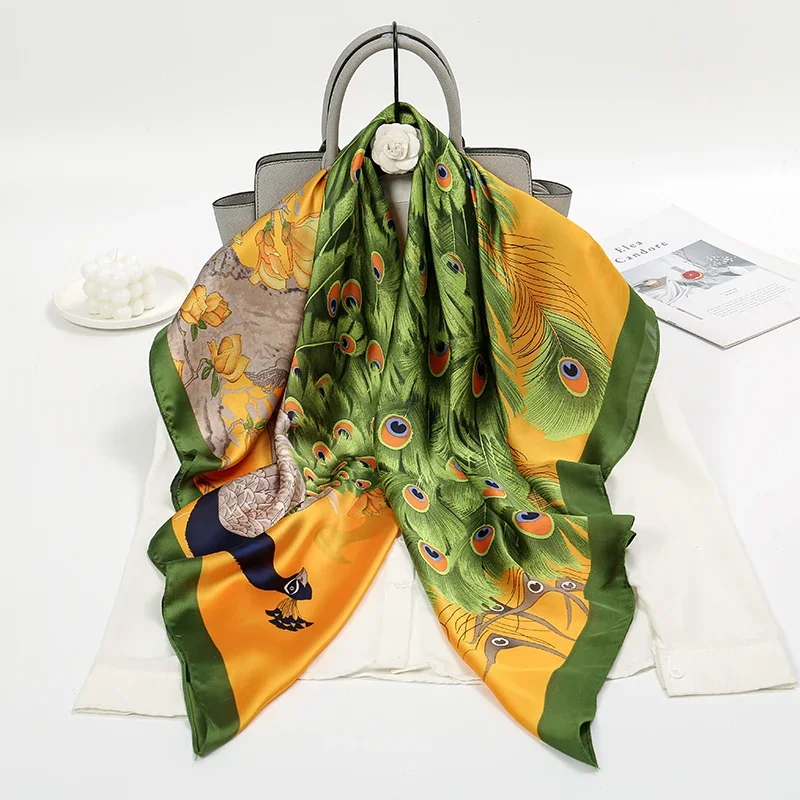 Lenço de seda quadrado feminino Hijab, xale de senhora estampado, envoltórios, bandanas foulard, bandana grande, design de luxo, hijab feminino, 110x110cm, 2024