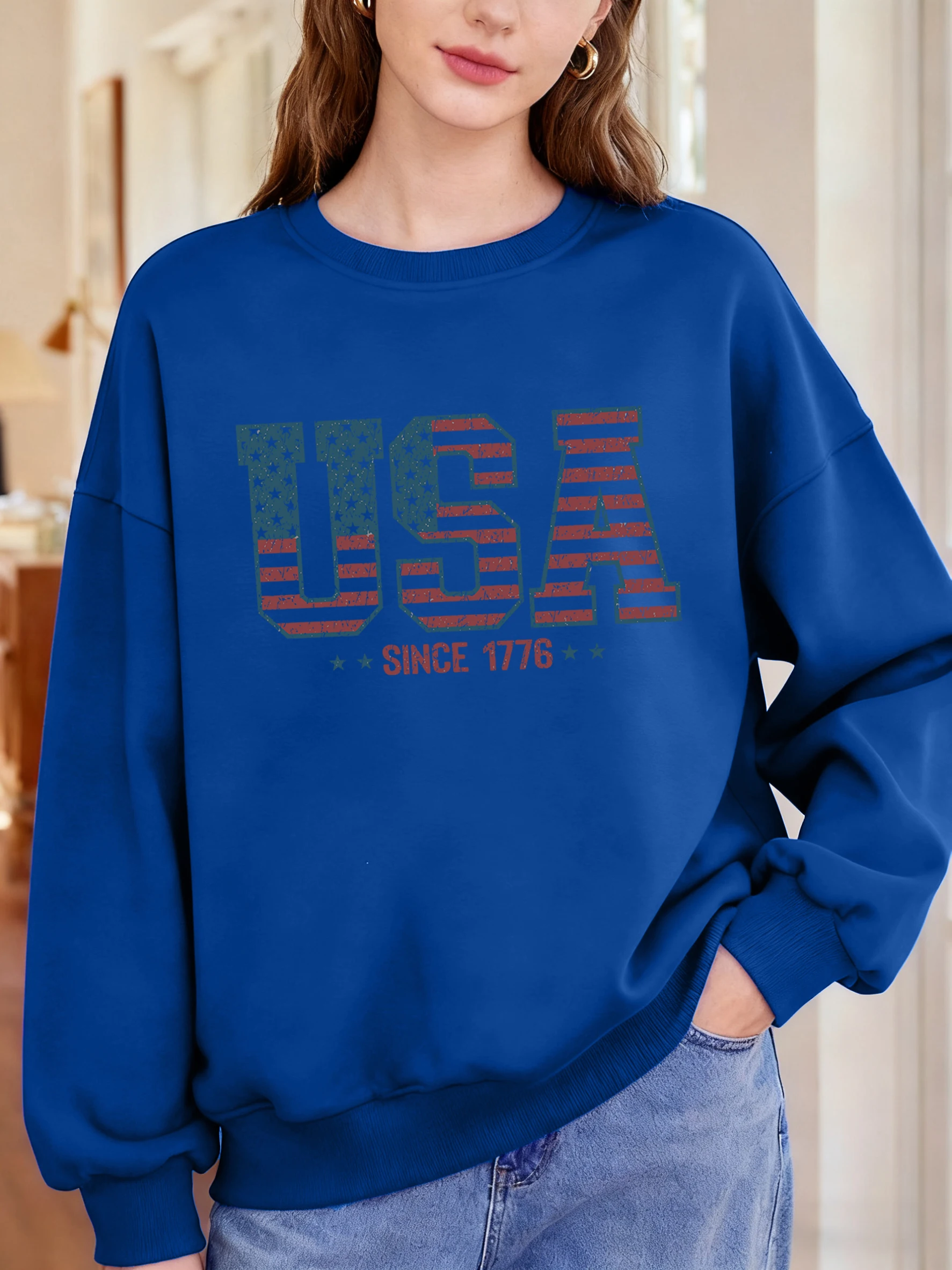 الإبداعية الولايات المتحدة الأمريكية منذ 1776 إلكتروني تصميم امرأة البلوز الركض البلوز المعتاد الخريف س الرقبة ملابس رياضية الهيب هوب الملابس