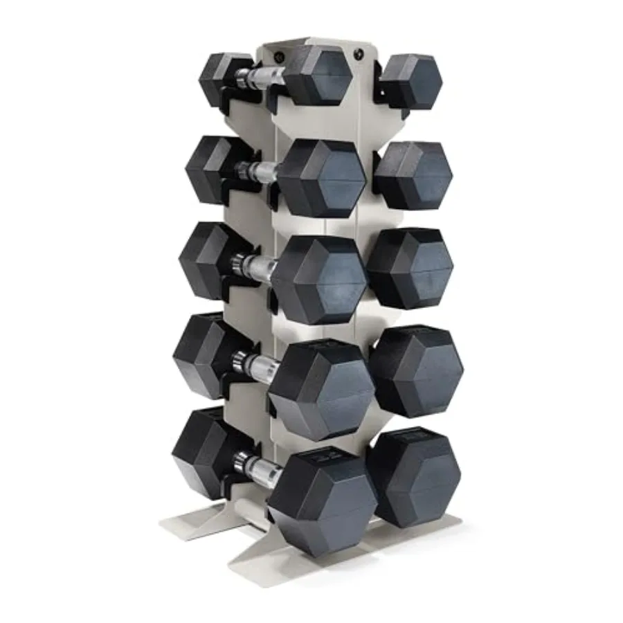 Rubber Coated Hex Dumbbell Set with Vertical Rack 100-300 lbs Free Weights for Home Gym Multiple Colors and Sizes