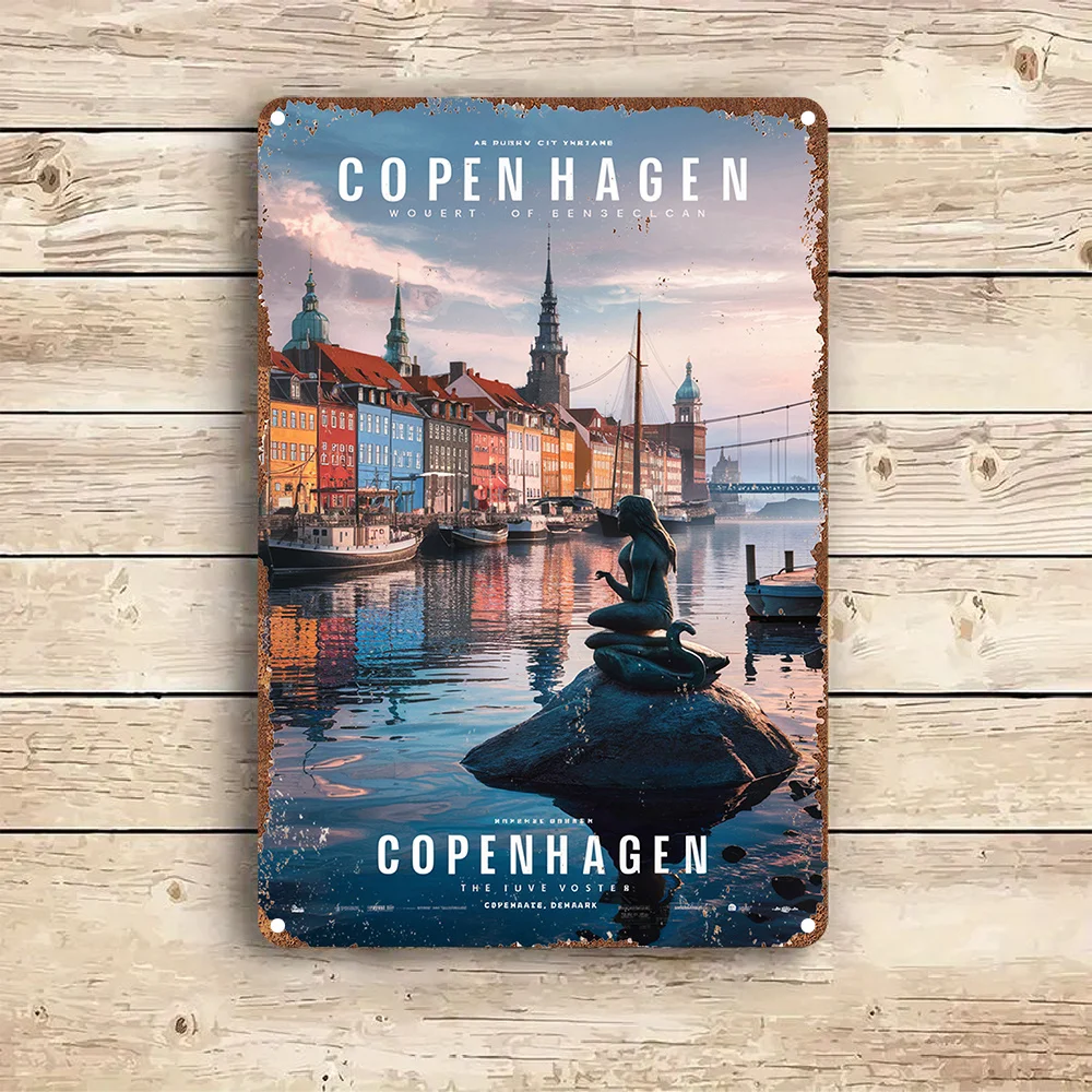 Vintage Copenhagen Metal Wall Art Sign - Aluminum Decor Featuring Iconic Landmarks,Perfect for Room Decor