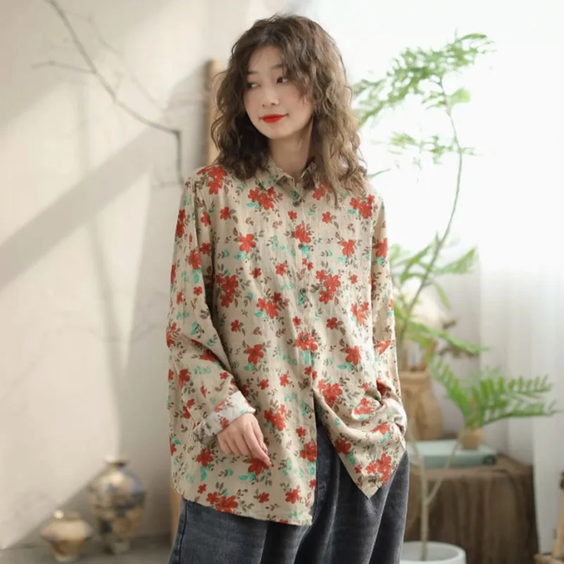 Elegant Women Blouse 2024 Spring Autumn Vintage Temperament Top Long Sleeve Floral Print Lapel Office Slim Thin Fit Female Shirt