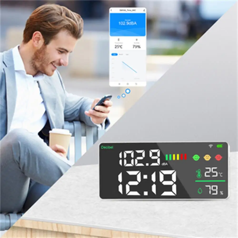 Dienmern Wall Mounted Decibel Meter with Tuya Wifi For Measuring Noise Level Meter Led Clock Product Temperature And Humidity