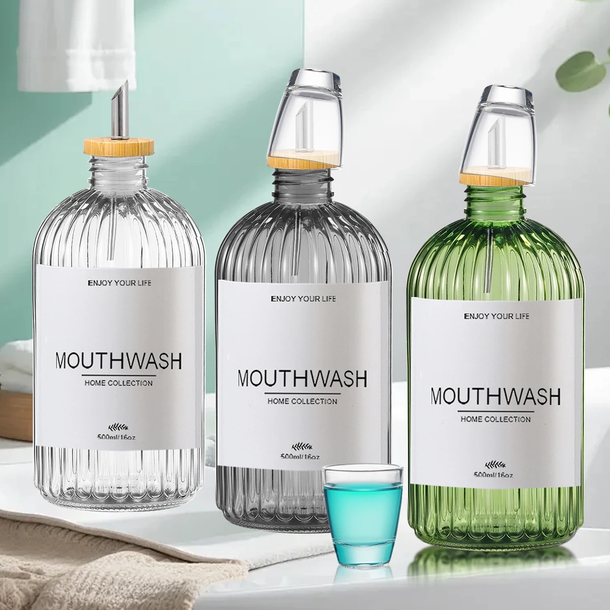 1 Set Transparenter Mundwasserspender für Badezimmer, Wiederverwendbare Mundwasserflasche, Glasbecher und DIY-Etikett im Landhausstil