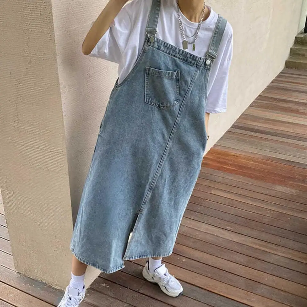 

Slit Hem Denim Dress Versatile Denim Midi Dress with Suspender Design Collarless Backless Style Adjustable for Students for A