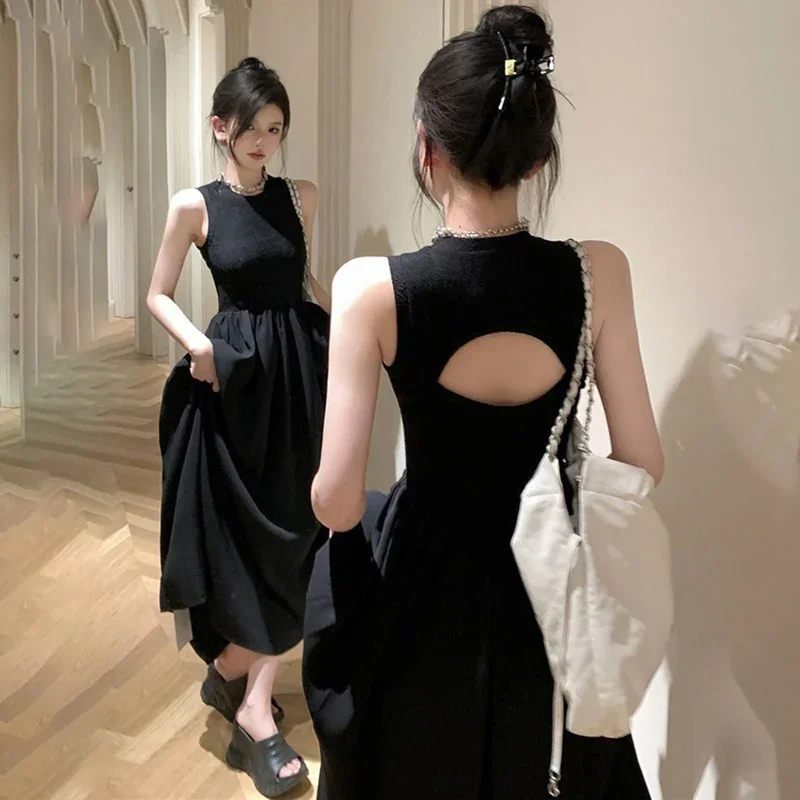 TFETTERS Brand Fashion Summer Dress o-collo collare senza maniche Retro tinta unita Dress Women Hollow Backless Long Dress per le donne