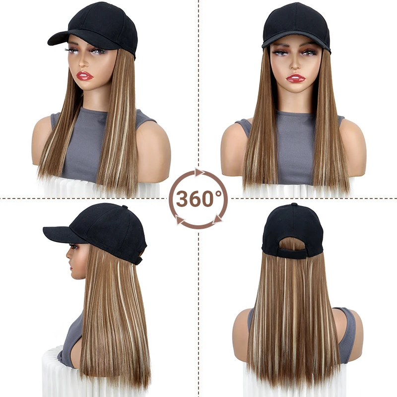 Pelo sintético con gorra de béisbol cabello largo lacio negro extensión elegante y conveniente todo en uno para mujeres 2
